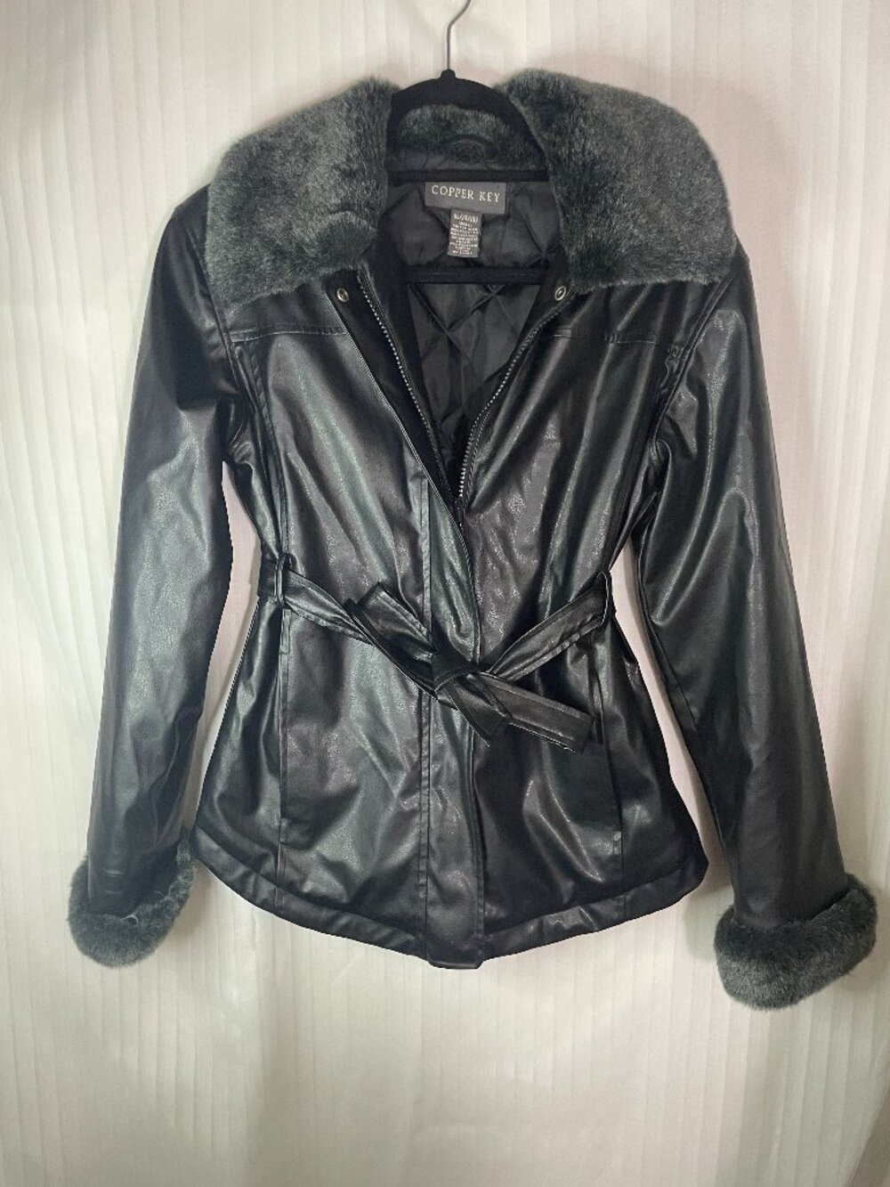 Copper Key Girls XL 14/16 Black Faux Leather Belted Jacket Faux Fur Trim